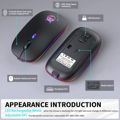 Sleek Wireless Mouse (Silent Click/Rechargeable/RGB LED)